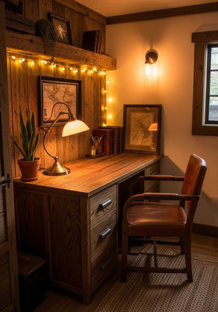 A cozy home office with a wooden desk and chair in a warm and inviting atmosphereの写真素材