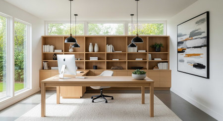 A modern home office with a large wooden desk and a comfortable chair in front of a bookshelfの写真素材