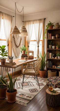 A cozy home office with a wooden desk, chair, and bookshelf surrounded by plants and natural lightの写真素材