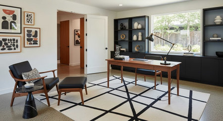 A modern home office with a wooden desk and chair in a well-lit room with a geometric rugの写真素材
