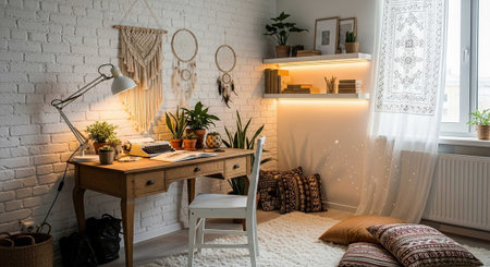 A cozy home office with a wooden desk and chair in a bright and airy roomの写真素材