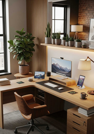A modern home office with a large wooden desk and comfortable brown leather chair in a well-lit roomの写真素材