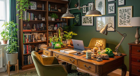 A well-organized home office with a wooden desk and chair in a green roomの写真素材