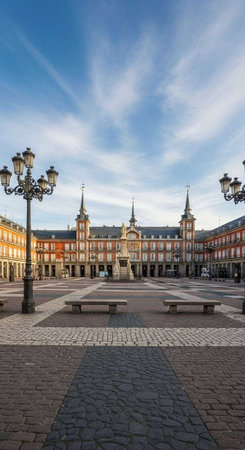 A serene city square with historic buildings and a blue skyの写真素材