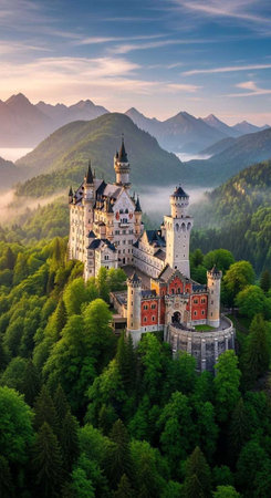 A majestic castle sits atop a lush green hill surrounded by mountains and trees under a blue skyの写真素材