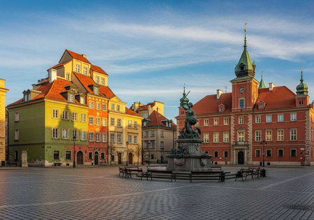 A historic European town square with colorful buildings and a statue in the centerの写真素材