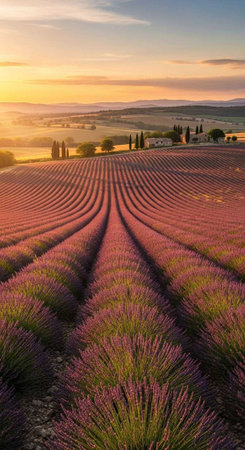 A serene landscape of a lavender field at sunset with rolling hills and trees in the distance.の写真素材
