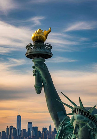 The Statue of Liberty stands tall against a vibrant blue sky with wispy clouds at sunsetの素材