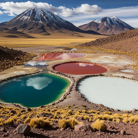 A breathtaking landscape of colorful lakes and snow-capped mountains under a blue skyの写真素材
