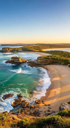A serene beach landscape with clear blue waters and a vibrant sunset in the backgroundの素材