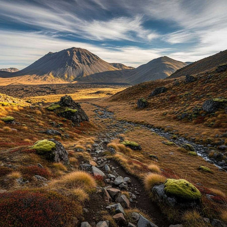 A serene mountain landscape with a rocky stream flowing through a grassy valley under a cloudy skyの写真素材