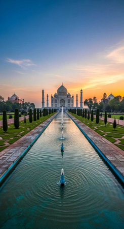 The majestic Taj Mahal stands serenely at sunset with a reflecting pool in the foregroundの素材