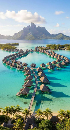A luxurious tropical resort with overwater bungalows and a stunning mountain backdrop in a serene island setting.の写真素材