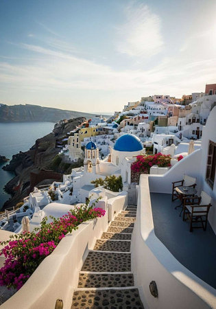 A picturesque Greek village perched on a cliffside overlooking the calm seaの写真素材