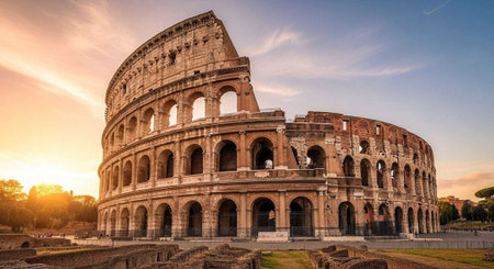 The ancient Colosseum stands majestically against a vibrant sunset sky in Rome, Italy.の写真素材