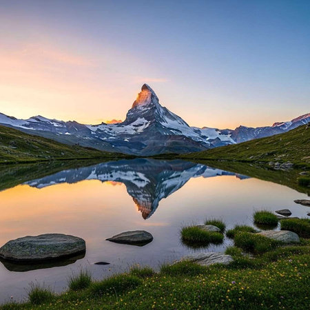 A serene mountain landscape with a still lake reflecting a snow-capped peak at sunsetの写真素材