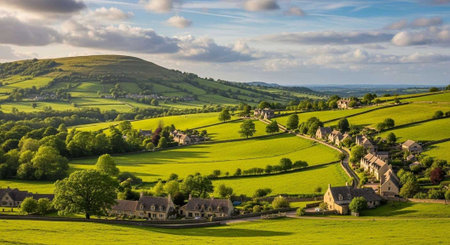 A serene countryside landscape with rolling hills and green pastures under a blue skyの写真素材