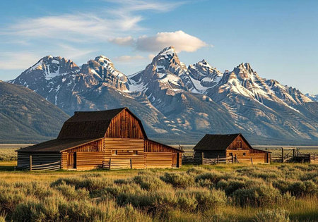A serene landscape of rustic barns in a vast field with majestic mountains in the background under a blue skyの写真素材