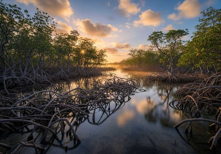 A serene mangrove forest at sunset with calm water and vibrant skyの写真素材