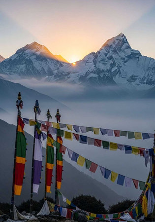 A serene mountain landscape with colorful prayer flags at sunriseの写真素材