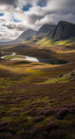 A serene landscape of rolling hills and mountains under a cloudy sky with a winding riverの写真素材