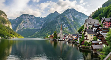 A picturesque village nestled between mountains and a serene lake on a cloudy dayの写真素材