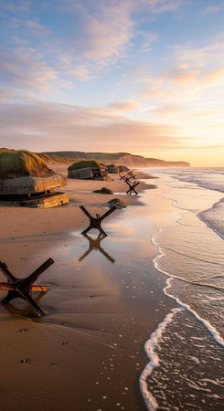 A serene beach scene at sunset with structures on the shoreの写真素材