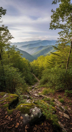 A serene mountain landscape with a winding trail through a lush forest under a cloudy skyの写真素材