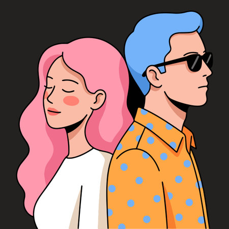 Vector illustration of a couple in love on a black background. A man and a woman with pink hair.のイラスト素材
