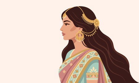 Beautiful indian woman in traditional costume. Vector illustration in flat styleのイラスト素材
