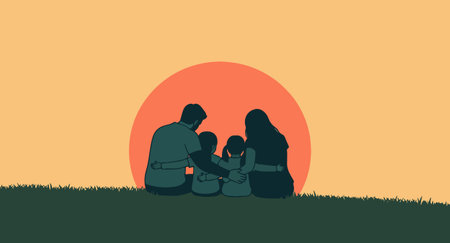 Silhouette of a family sitting on the grass in front of the sunのイラスト素材