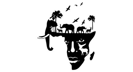 Silhouette of the head of a man with animals and birdsのイラスト素材