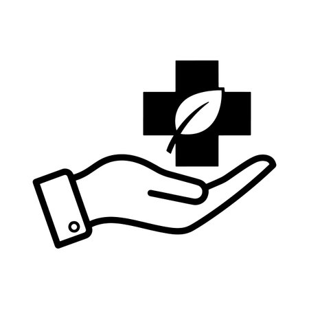 hand with medical cross and leaf icon over white background, line style, vector illustrationのイラスト素材