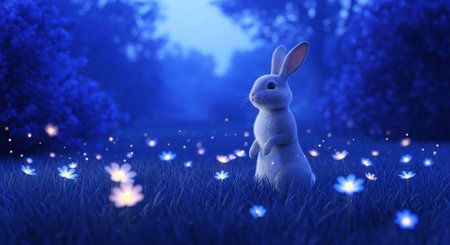 A white rabbit stands in a field of glowing fireflies on a magical summer eveningの写真素材