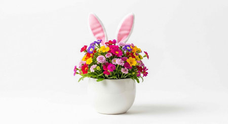 A colorful floral arrangement in a white pot with pink bunny ears on a plain backgroundの写真素材