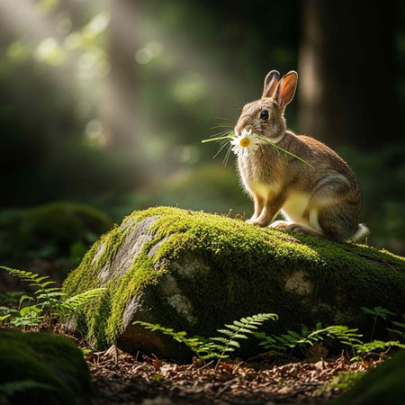 A rabbit sitting on a mossy rock in a serene forest with a flower in its mouthの写真素材