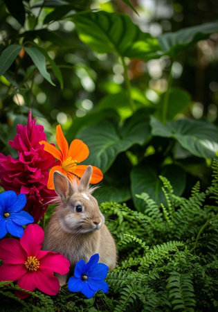 Rabbit and flowers in the garden. Spring concept.の写真素材