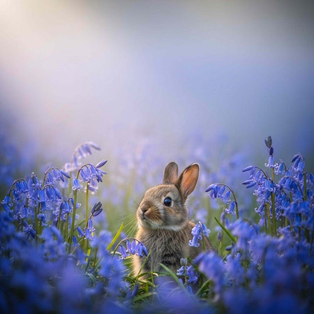 A cute rabbit sitting in a field of vibrant blue flowers on a sunny dayの写真素材
