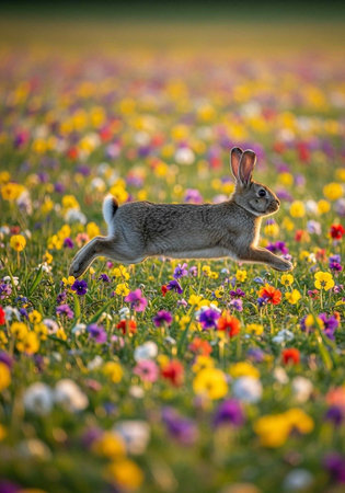 A rabbit runs through a vibrant field of colorful flowers on a sunny dayの写真素材