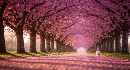 A serene landscape of a rabbit walking down a beautiful cherry blossom tree lined road at sunsetの写真素材