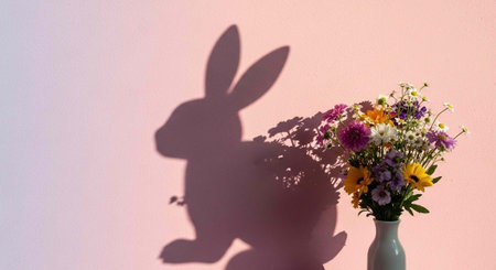 A vase of colorful flowers casts a shadow of a rabbit on a pink wallの写真素材