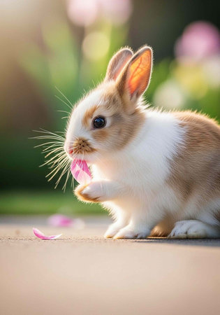 A small rabbit holding a pink flower in its mouth on a sunny dayの写真素材