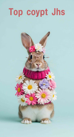 A cute rabbit wearing a pink scarf and flowers on a light blue backgroundの写真素材