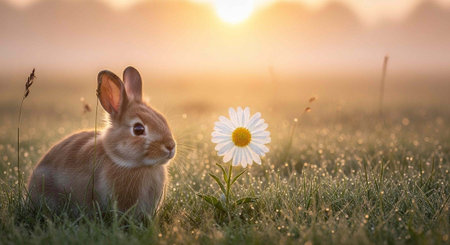 A serene rabbit sitting in a lush green meadow with a beautiful flower at sunsetの写真素材