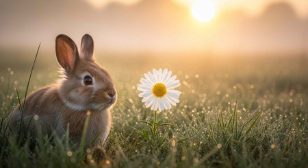 A cute rabbit sitting in a field of grass with a daisy flower at sunsetの写真素材