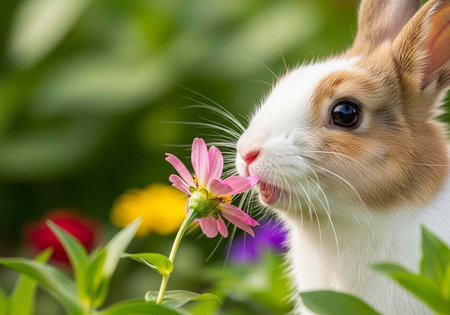 A cute rabbit smelling a pink flower in a garden with green leaves and colorful bloomsの写真素材