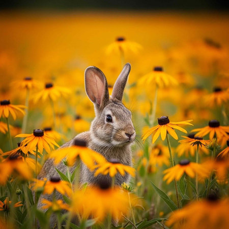 A rabbit sitting in a field of vibrant yellow flowers on a sunny dayの写真素材