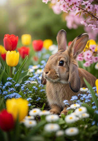 A cute brown rabbit sitting in a vibrant garden surrounded by colorful flowers and greenery on a sunny dayの写真素材