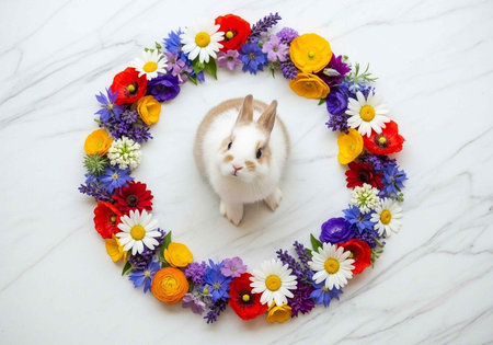A cute white rabbit surrounded by a colorful floral wreath on a marble surfaceの写真素材