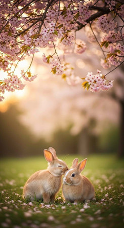 Two adorable rabbits sitting under a blooming cherry blossom tree in a serene green meadow at sunsetの写真素材